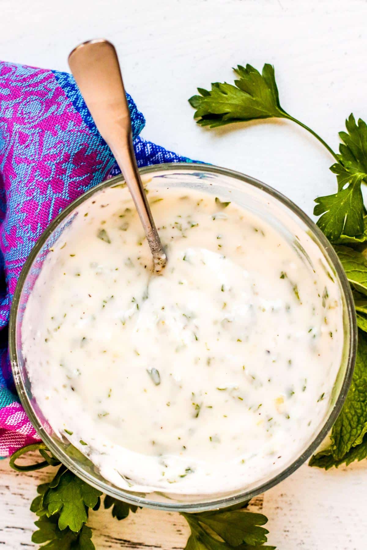 Homemade yogurt sauce with garlic and herbs