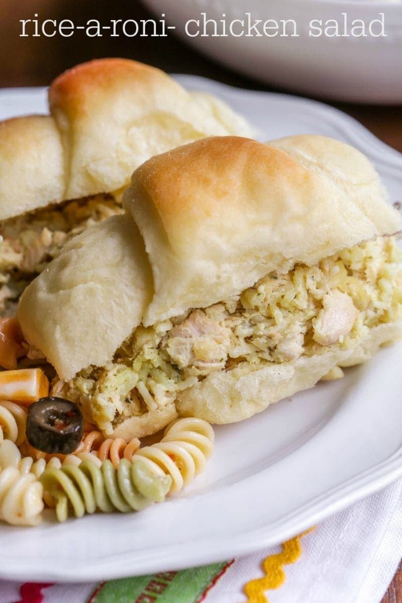 Rice-a-roni chicken salad with bread and pasta