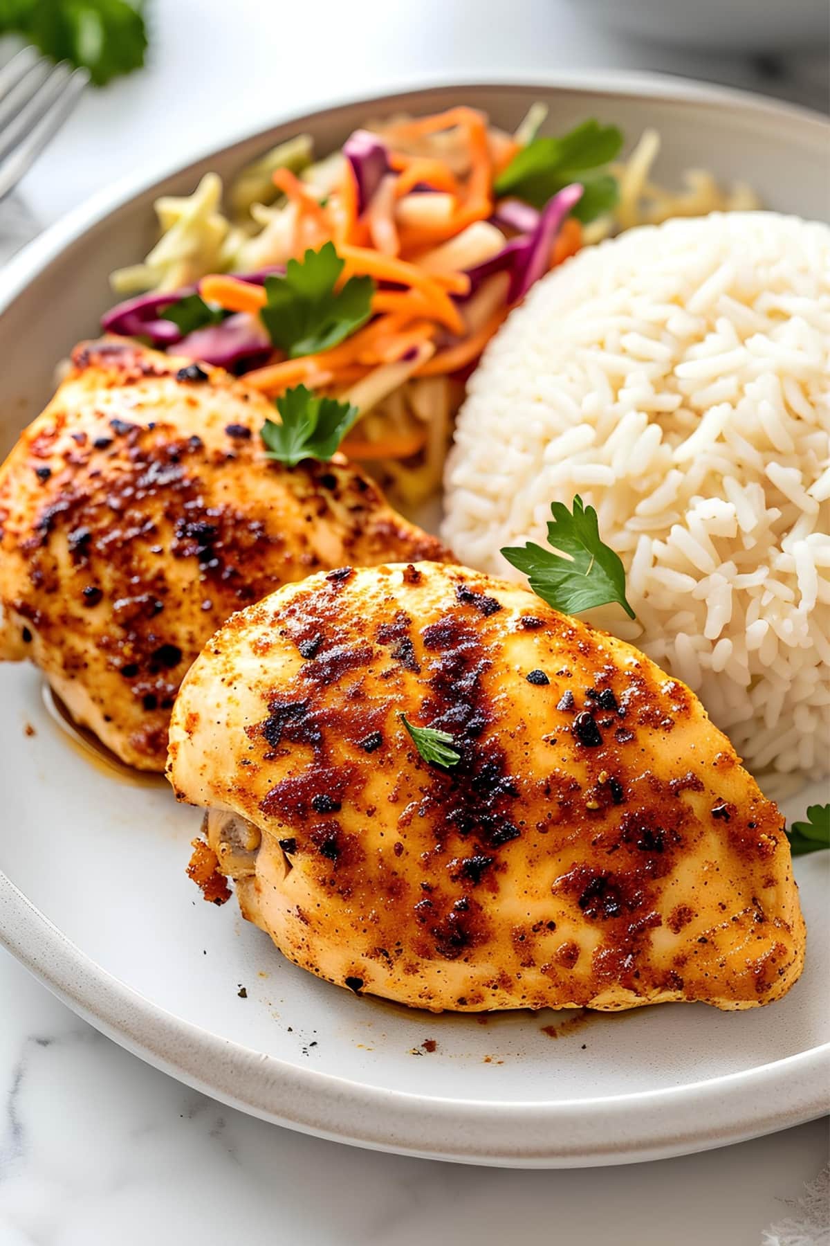 Homemade fried chicken breast from air fryer with rice and coleslaw