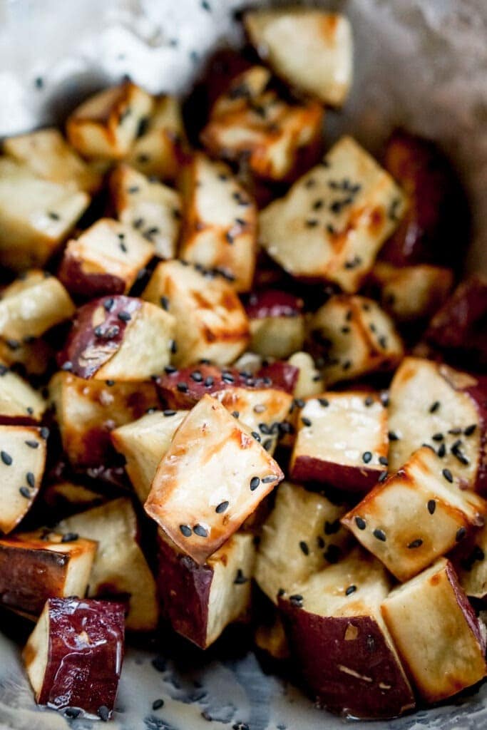 Air fryer candied sweet potatoes with black sesame seeds- close up