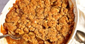 Apple crumble on a casserole dish.