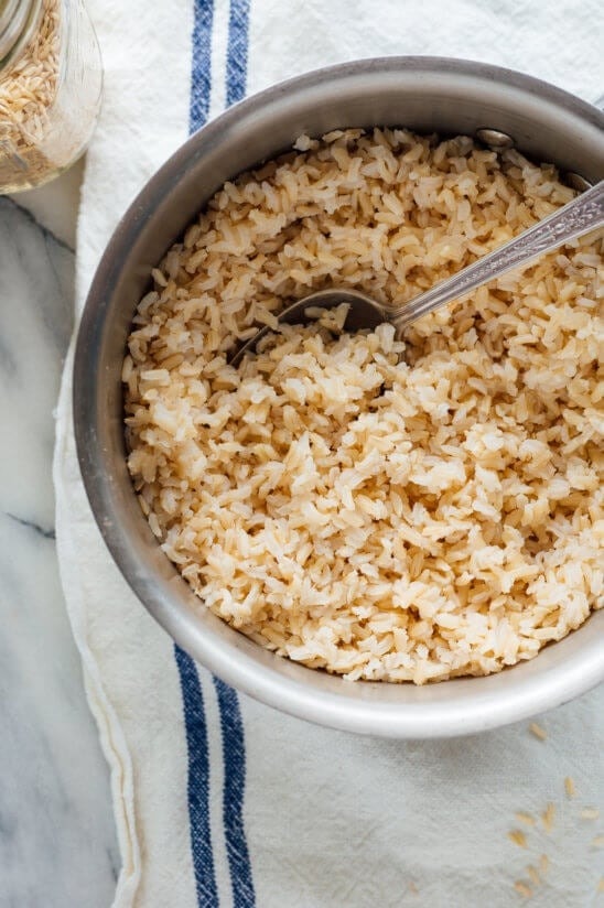 Cooked brown rice in a bowl.
