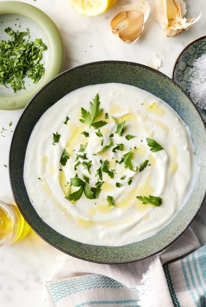 Bowl with yoghurt sauce.