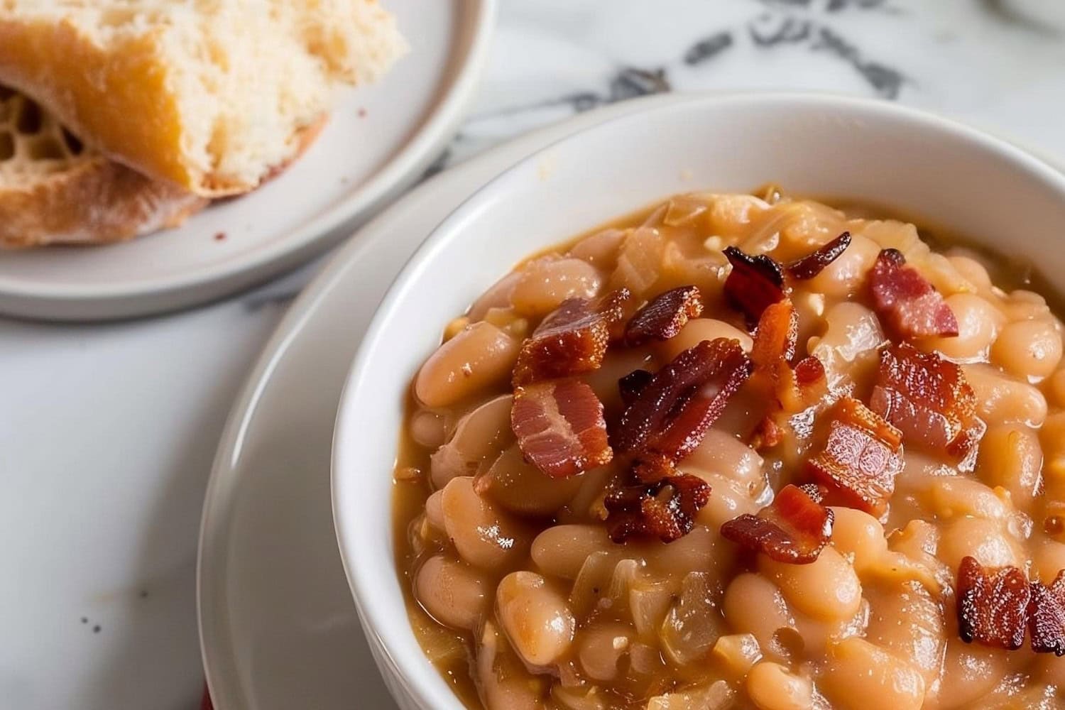 Bowl of Grandma Brown's Baked Beans in a Bowl with Crusty Bread on a Plate to the Side