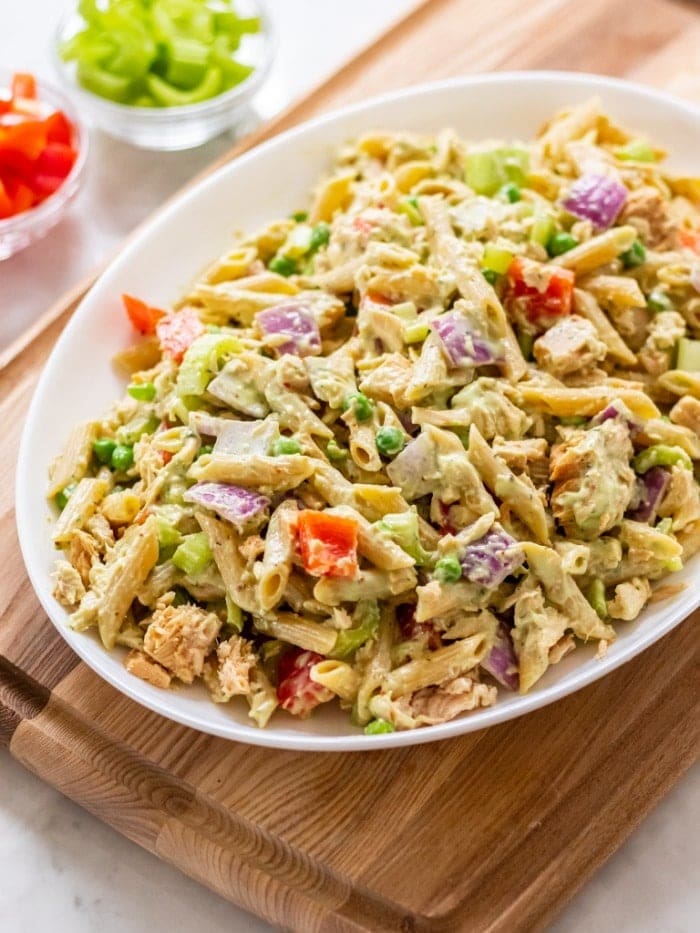 Creamy tuna pasta salad with mayonnaise and vegetables