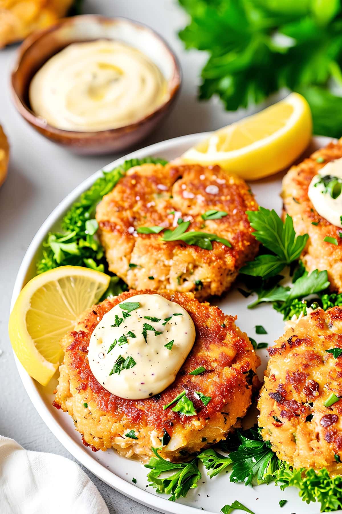 Salmon Patties with aioli sauce and lemon wedges