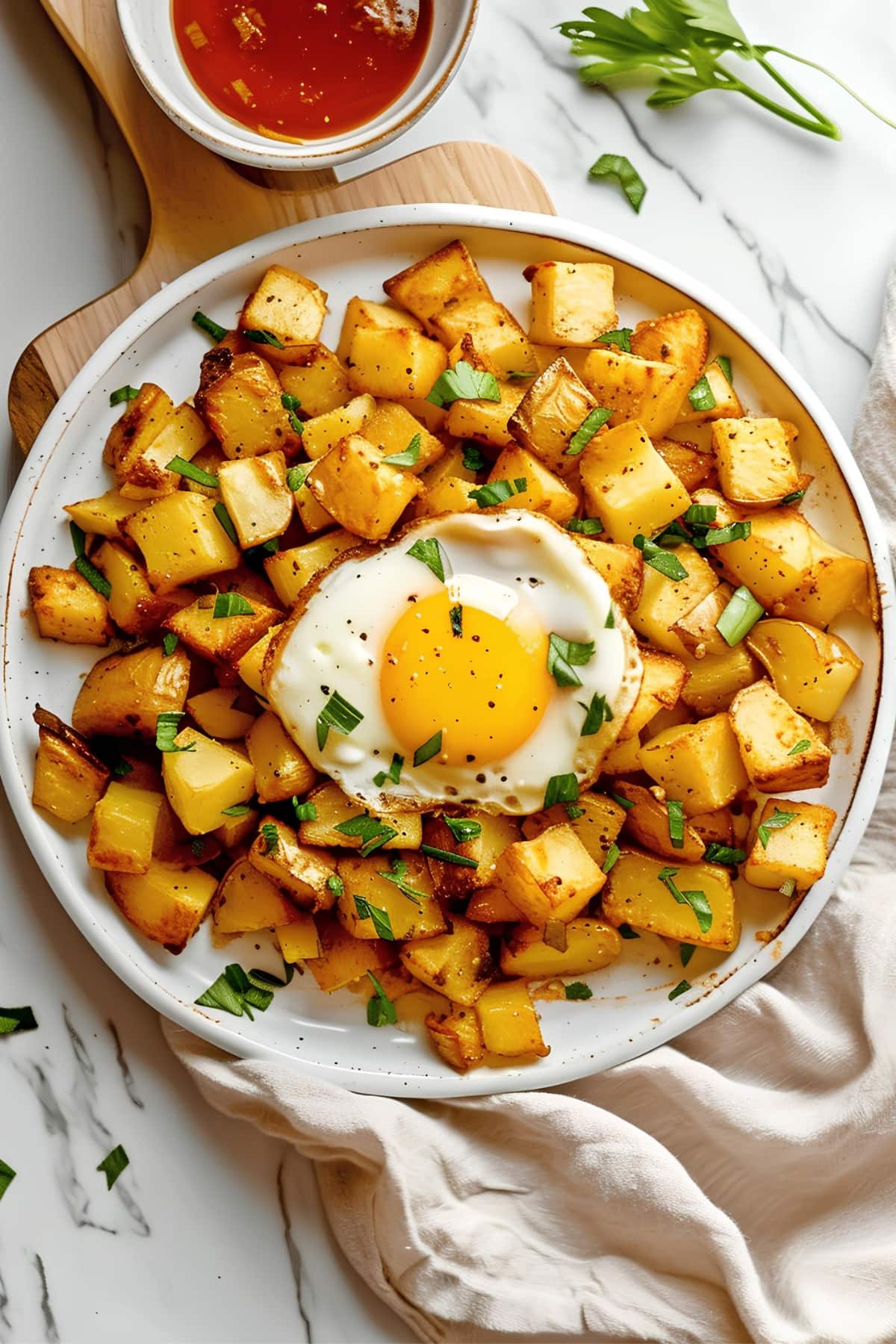 Golden potatoes topped with egg served with ketchup, top view