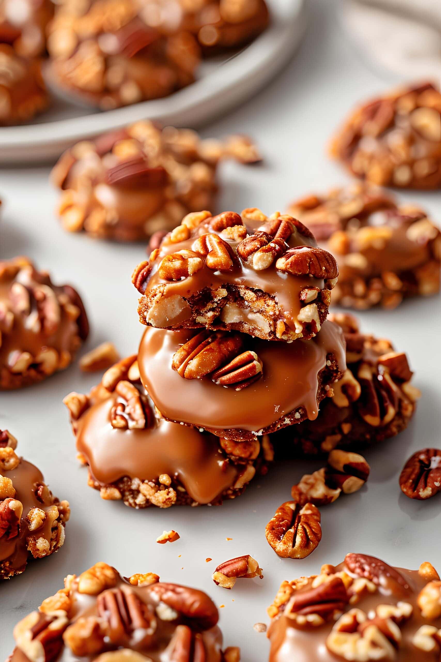 Stack of homemade pecan pralines with caramel sauce