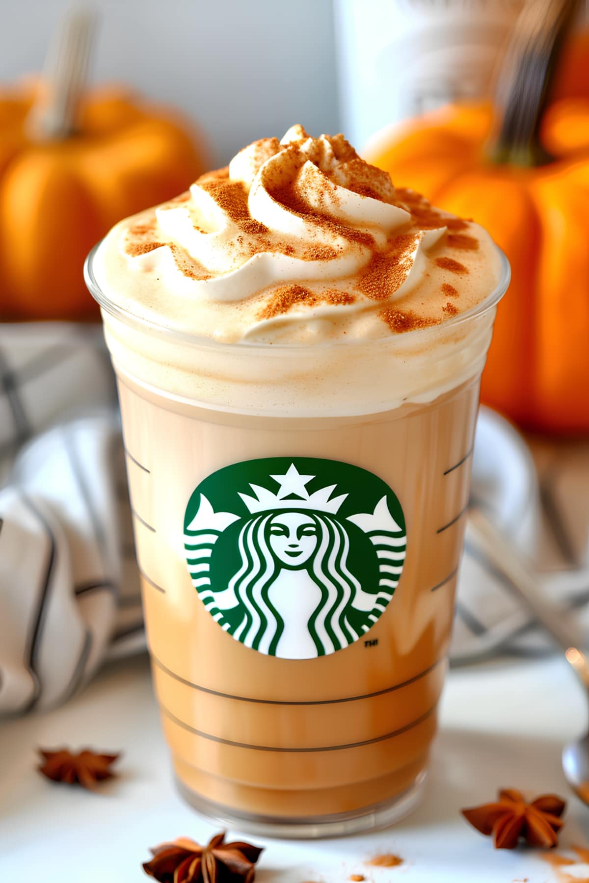 Pumpkin spice latte in a glass with cinnamon powder on a white marble table