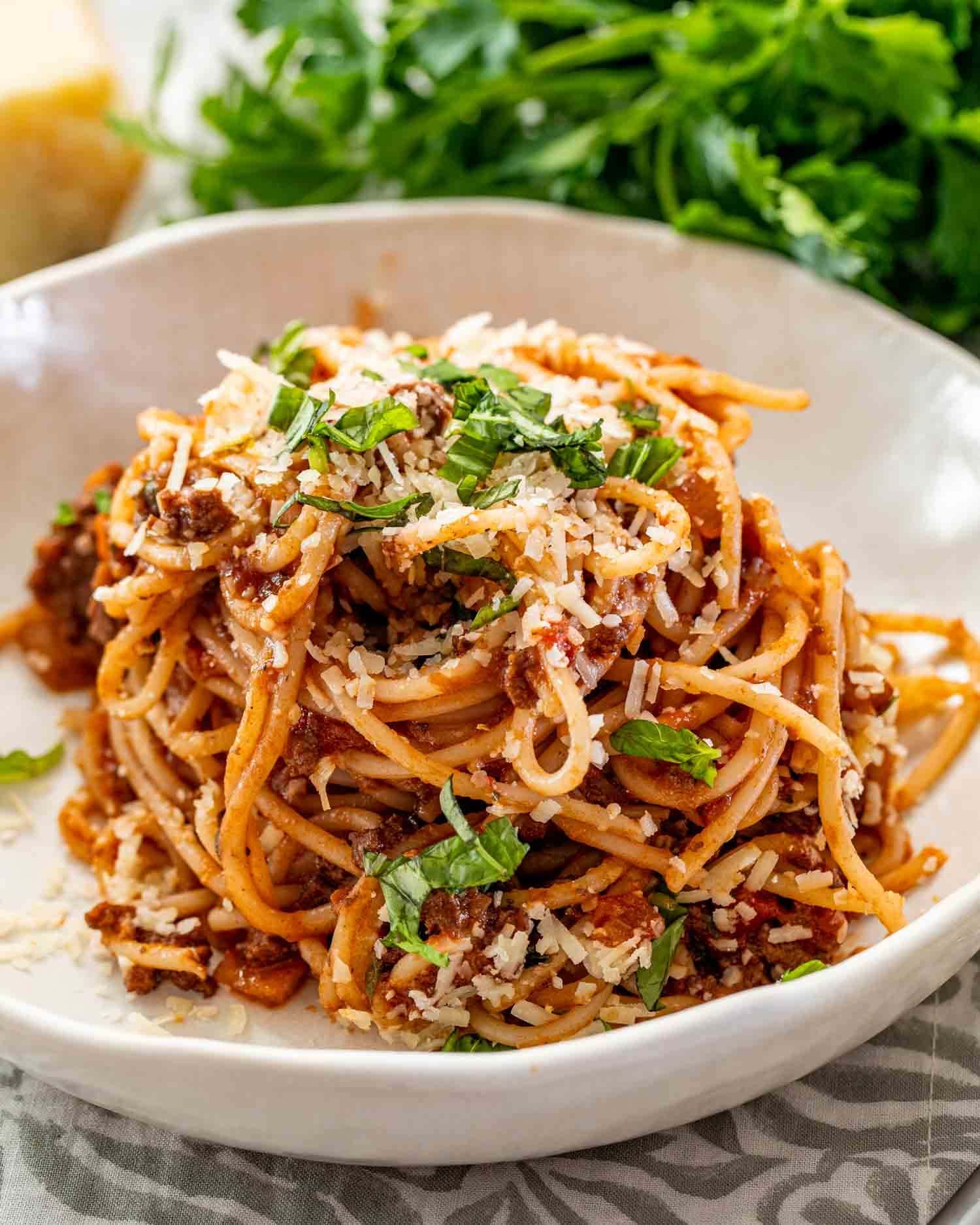 A serving of Spaghetti Bolognese on a bowl garnished with chopped parsley and parmesan cheese. 
