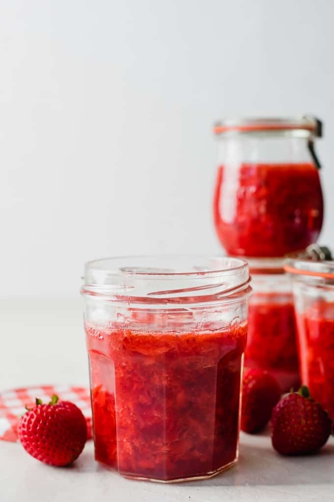 Homemade strawberry jam in an airtight jars. 