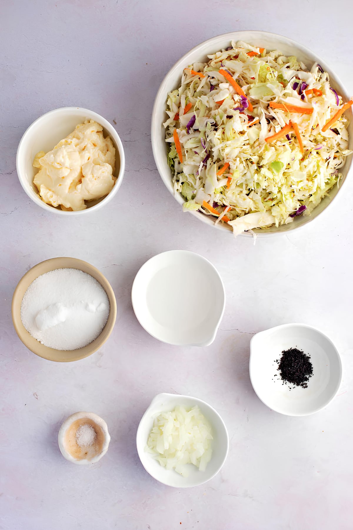 Coleslaw mix, dressing, pepper, salt, diced onion, poppy seeds and white sugar. 