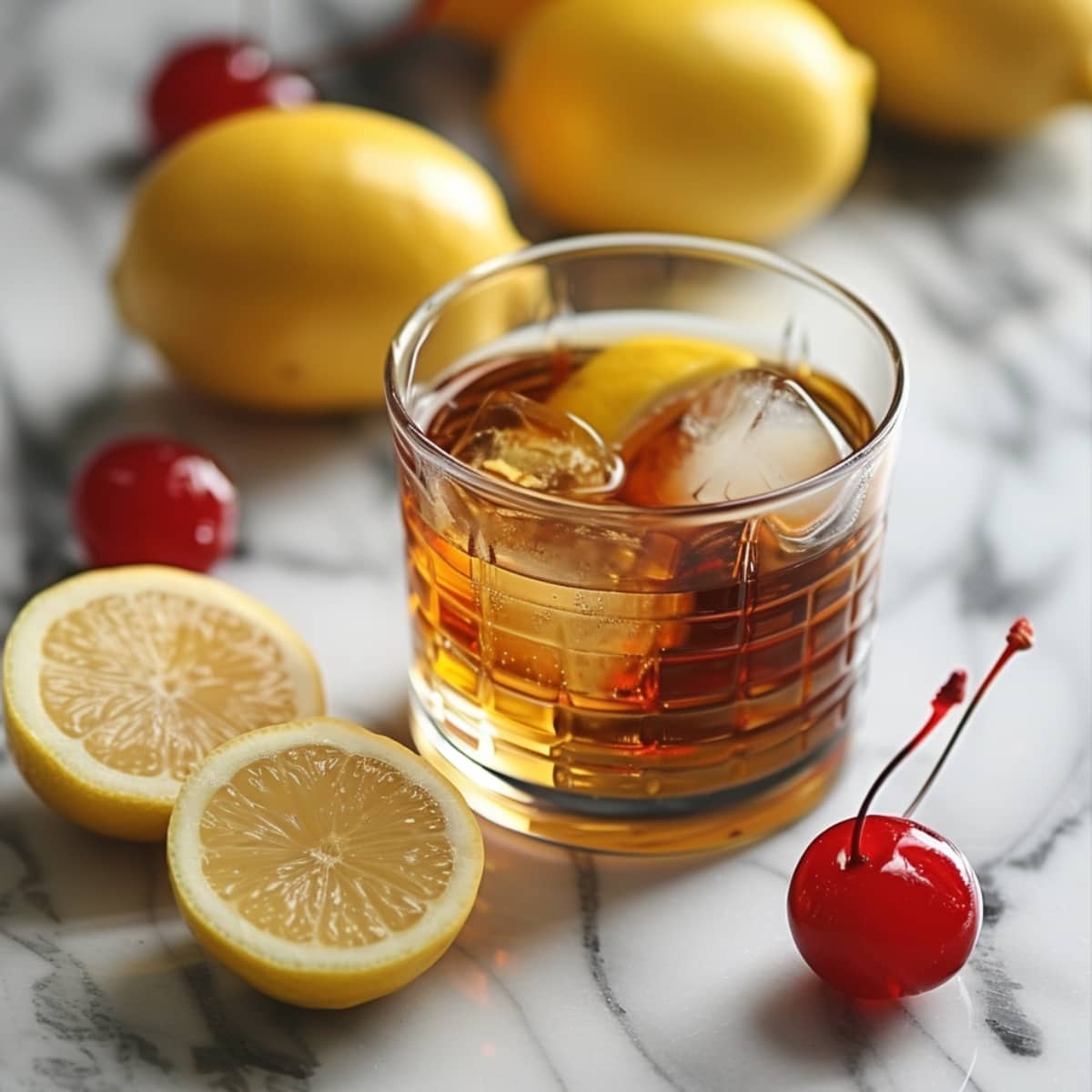 A cold glass of whiskey bourbon with lemon and maraschino cherry on a white marble table 