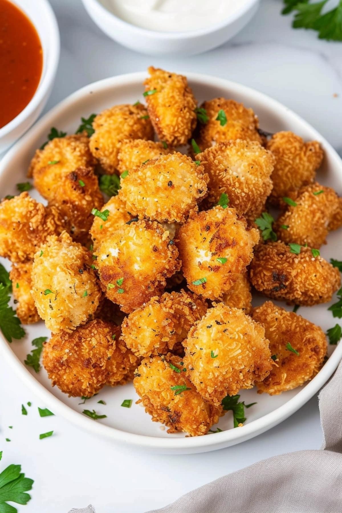 Air fryer chicken nuggets garnished with parsley