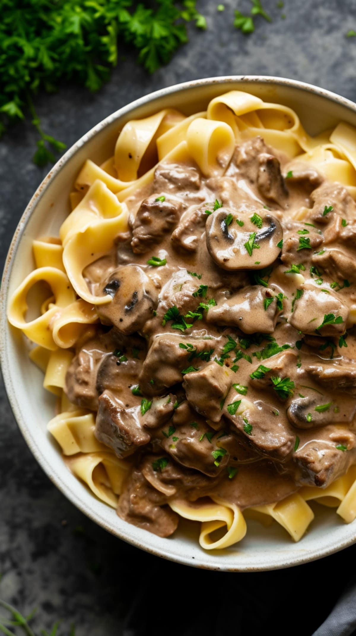 Beef Stroganoff Over Egg Noodles