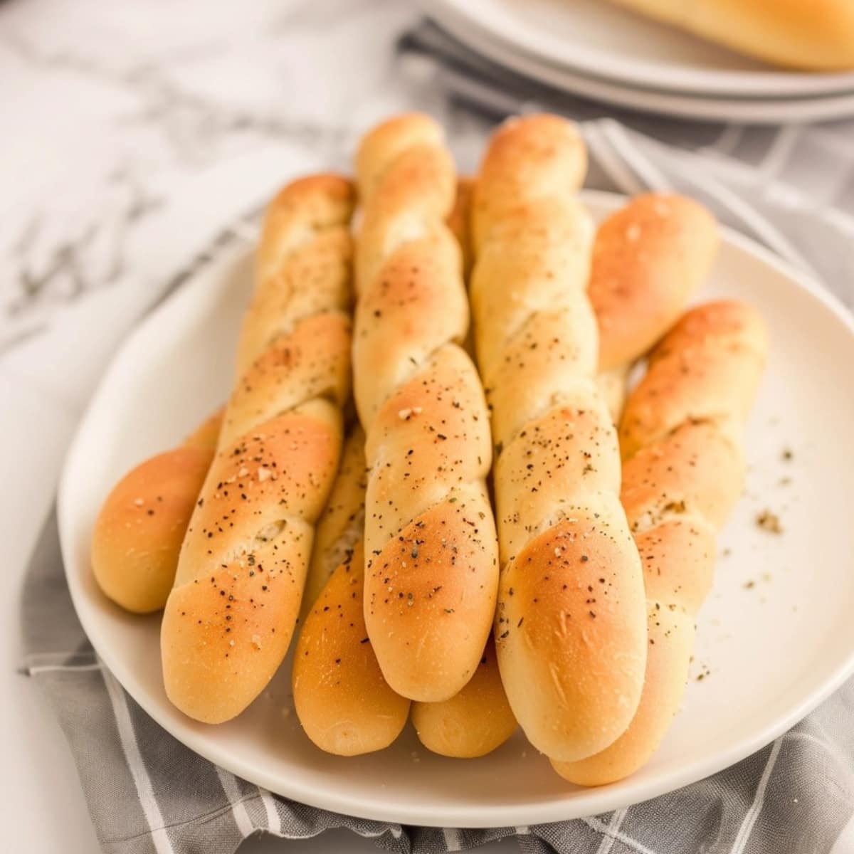 Breadsticks in a white plate on top of gray cloth.