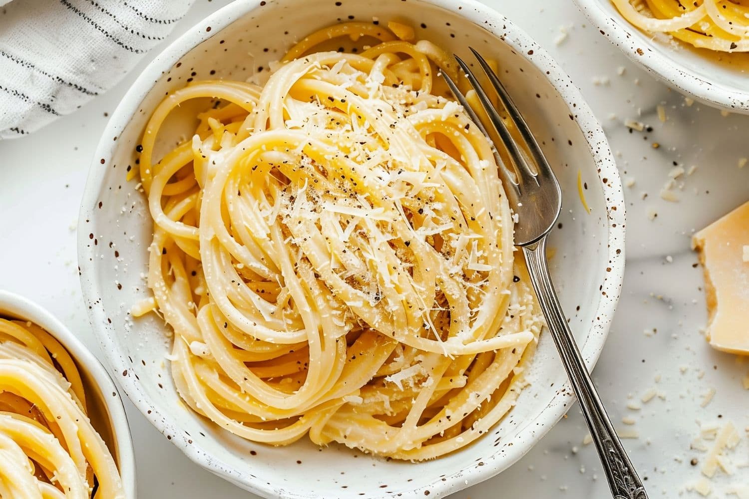 Top View of Cacio e Pepe in a Bowl with a Fork