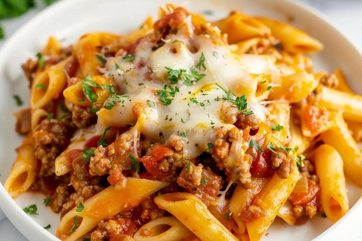 Cheesy Italian sausage pasta in a white plate garnished with chopped parsley leaves.