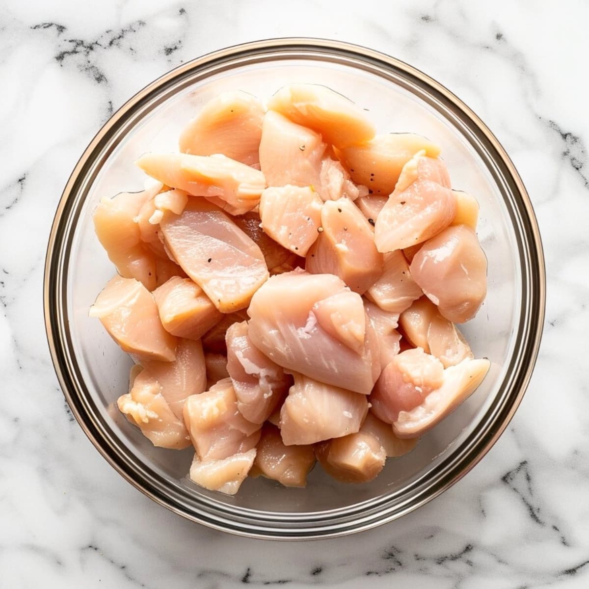 Chicken breast cut on a glass bowl on top of white marble table.