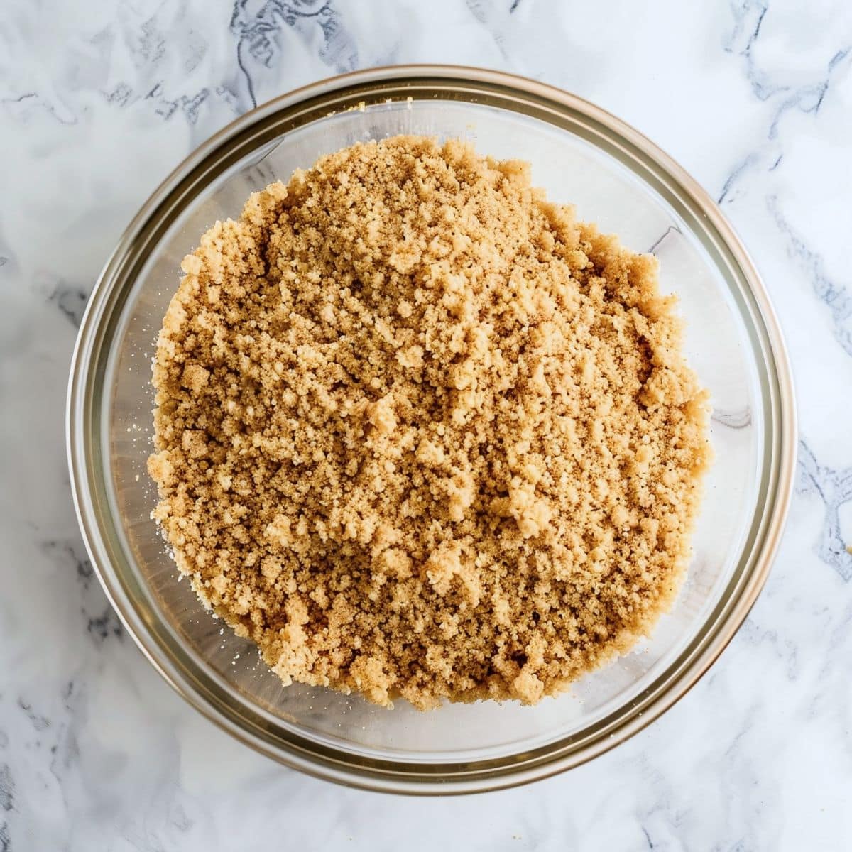 A glass bowl of crushed grahams, top view 