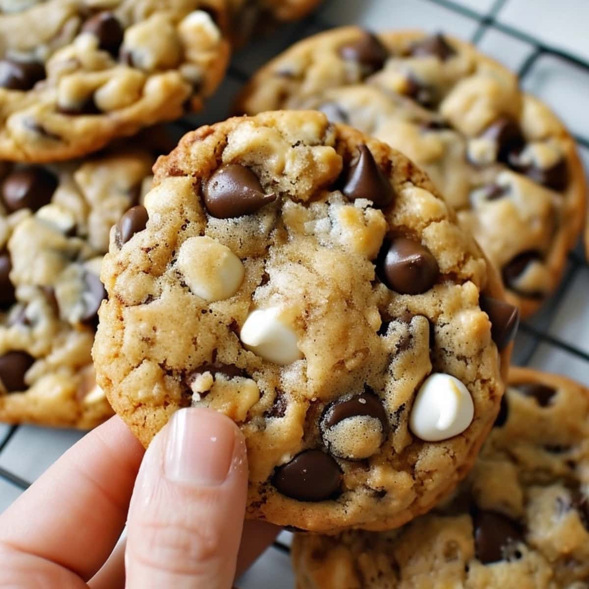 Hand holding a piece of Marry me cookie from cooling rack.