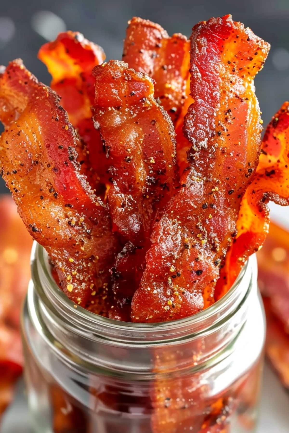 Sweet and salty homemade candied bacon in a glass jar