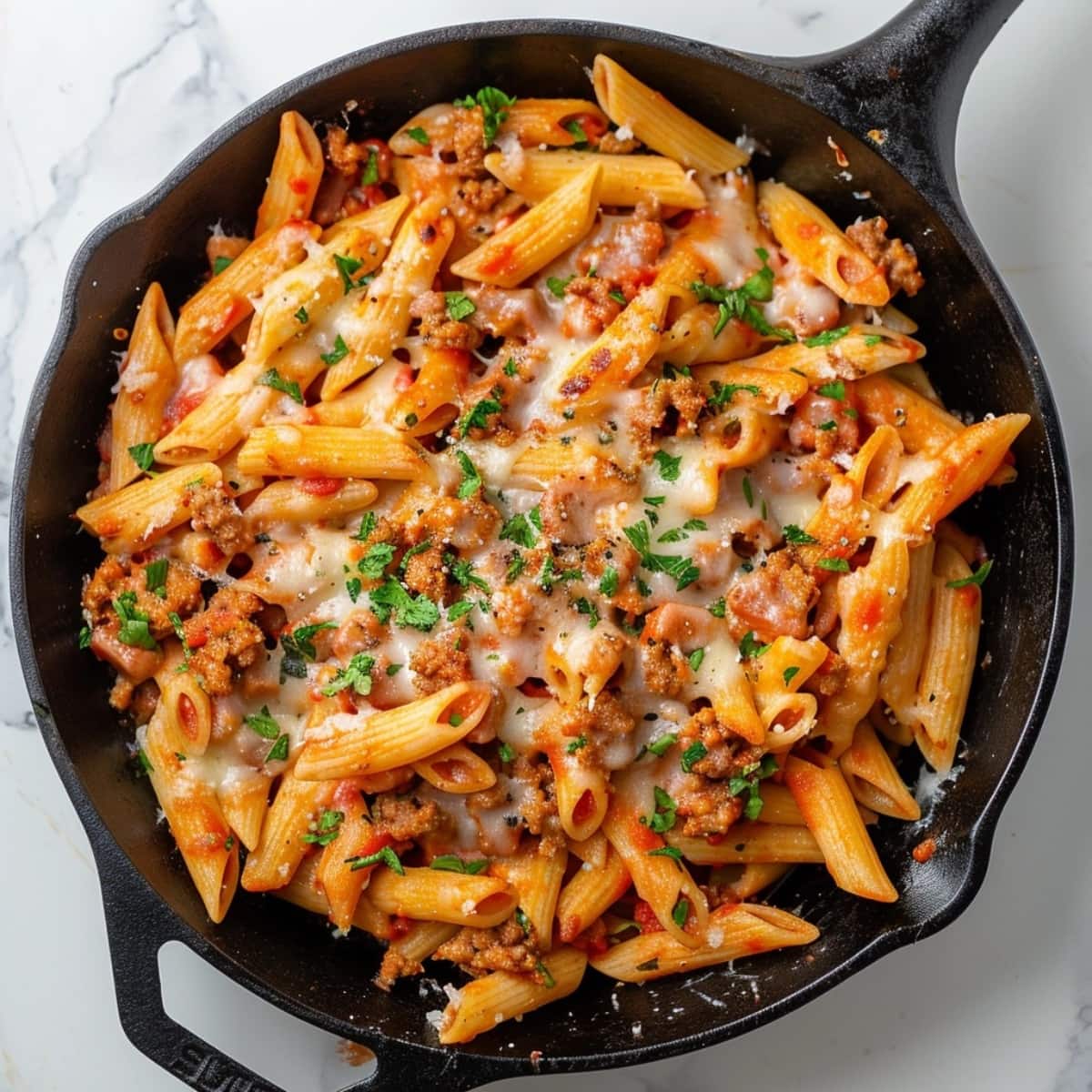 Cheesy Italian sausage pasta in skillet.