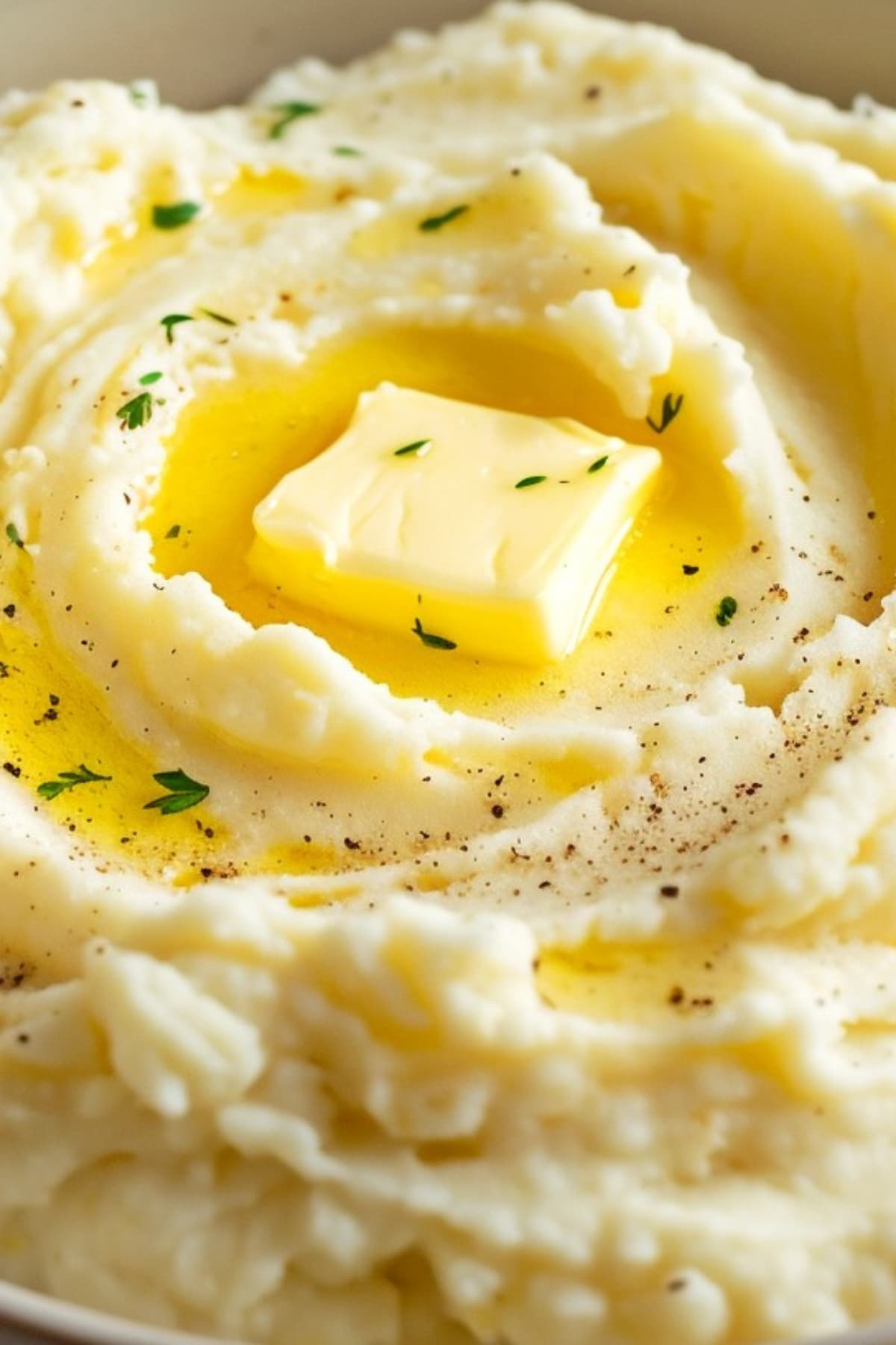 Close-up of homemade mashed potatoes with butter and herbs