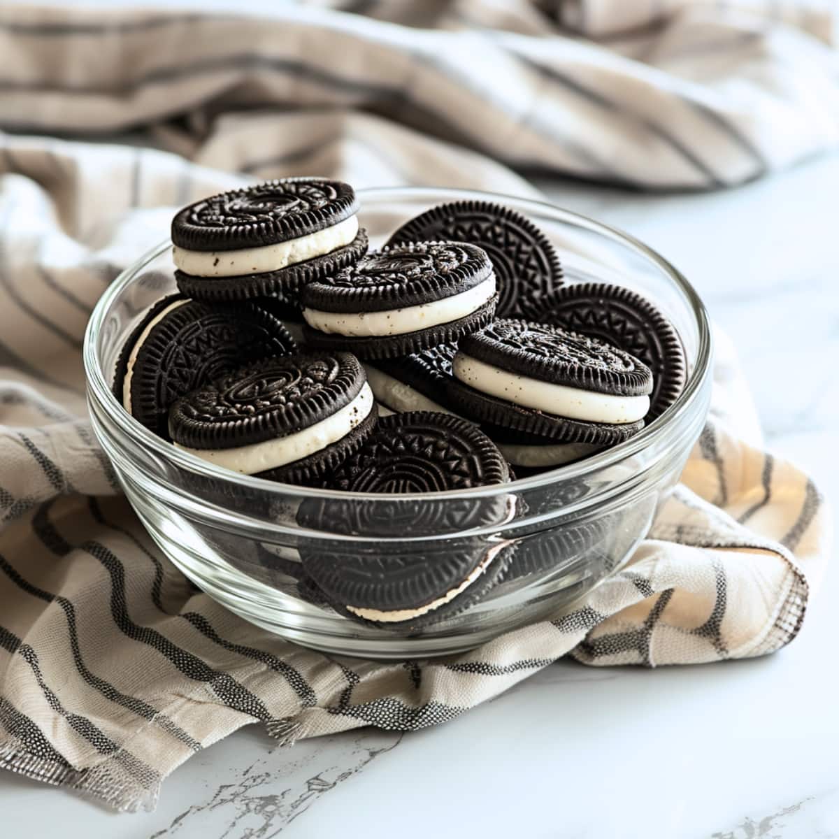 A glass bowl of sweet oreo cookies