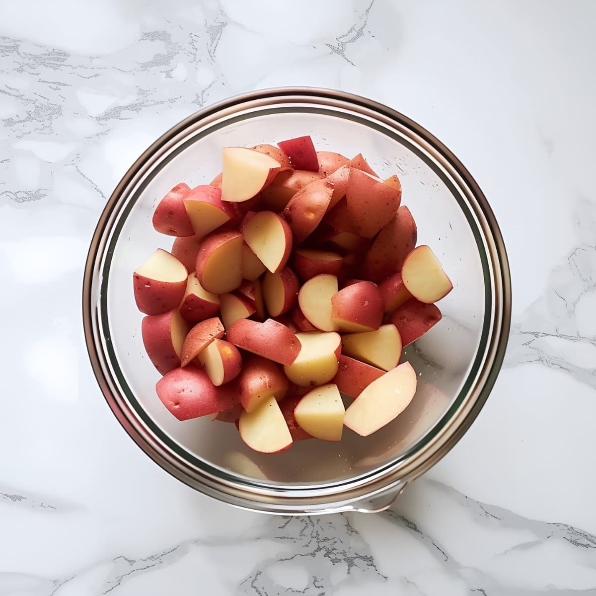 Chopped red potatoes in a glass bowl on a white marble table