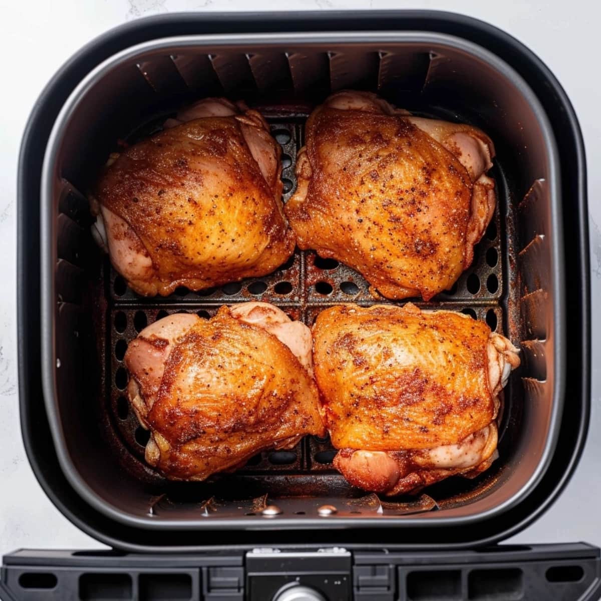Seasoned chicken thighs inside an air fryer.