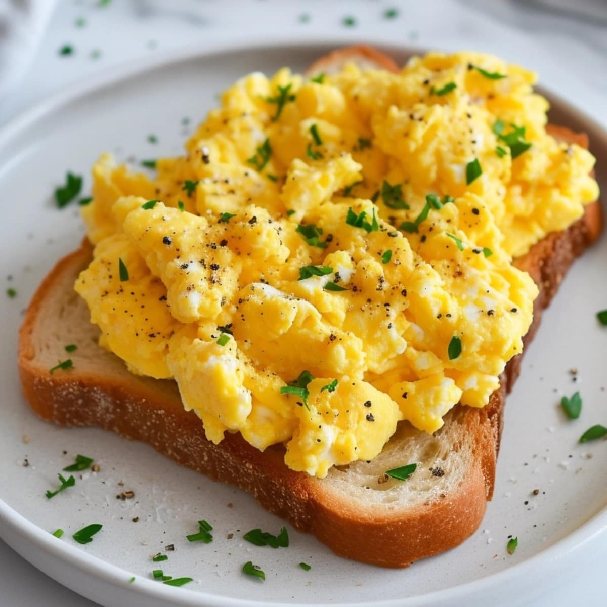 Texas toast with butter in plate topped with scrambled.