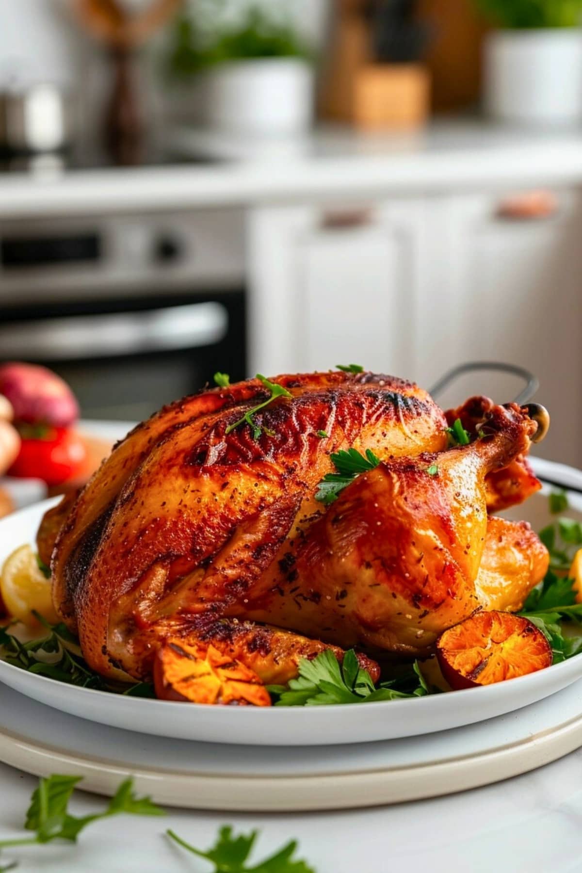 Air fried whole chicken on a plate garnished with herbs and lemons.