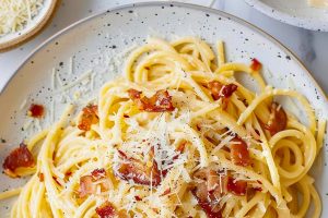 Top View of Pasta Carbonara on a Plate