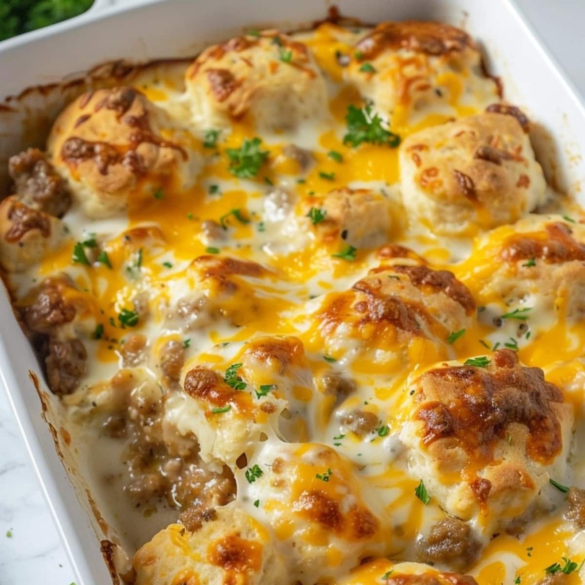 Cheesy biscuits and gravy casserole in a ceramic casserole dish.