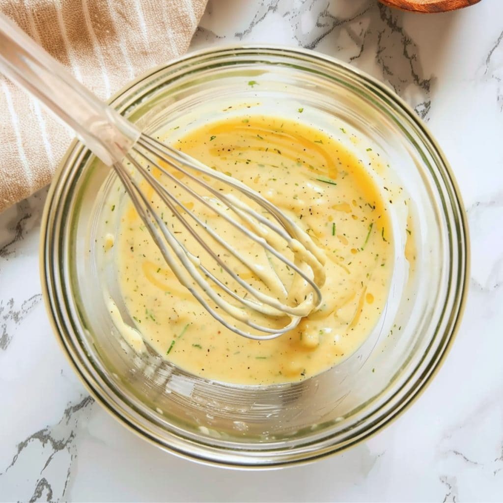 Cauliflower potato salad dressing in a glass bowl