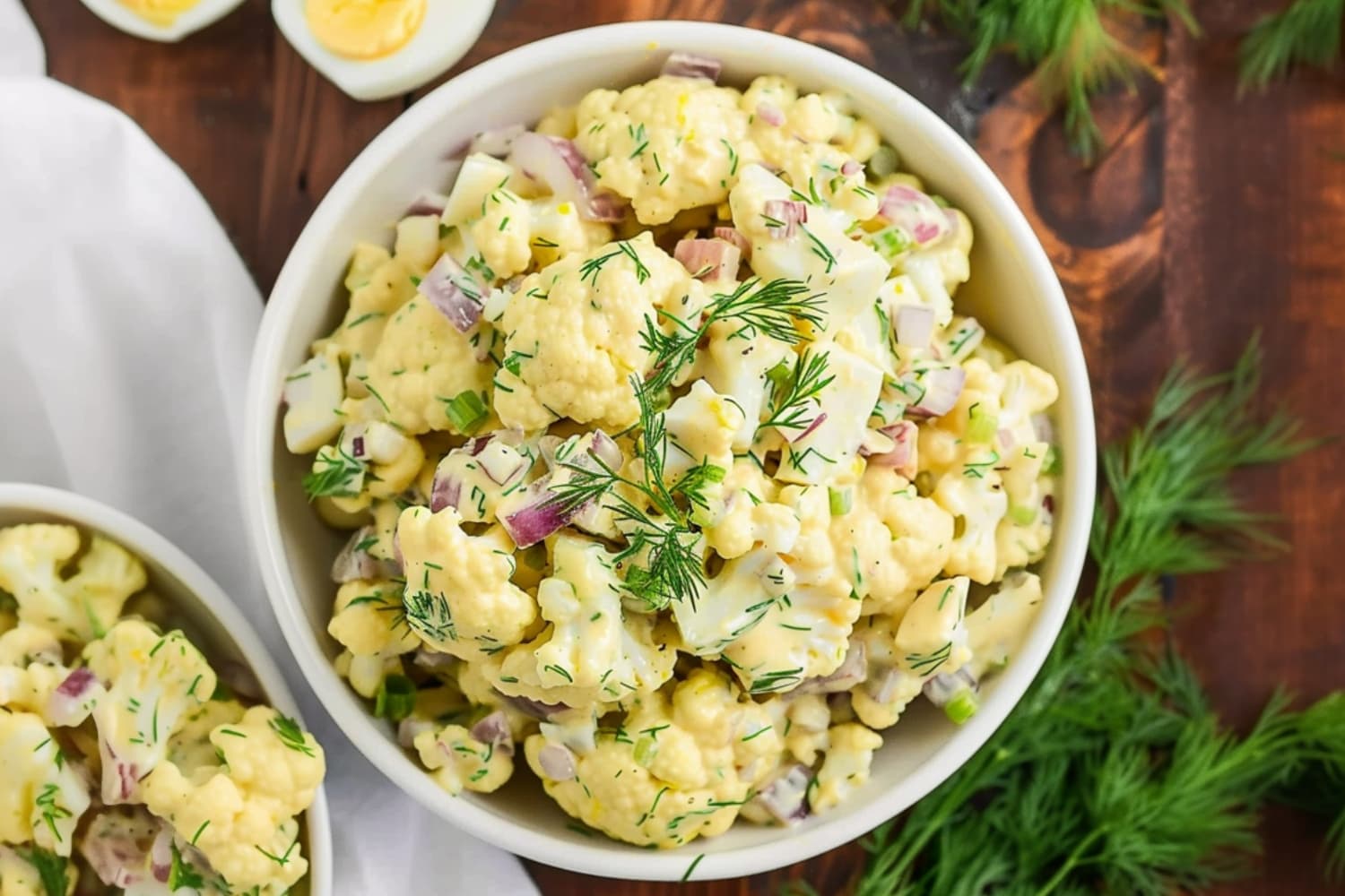 Top view of homemade healthy cauliflower potato salad in a wooden board