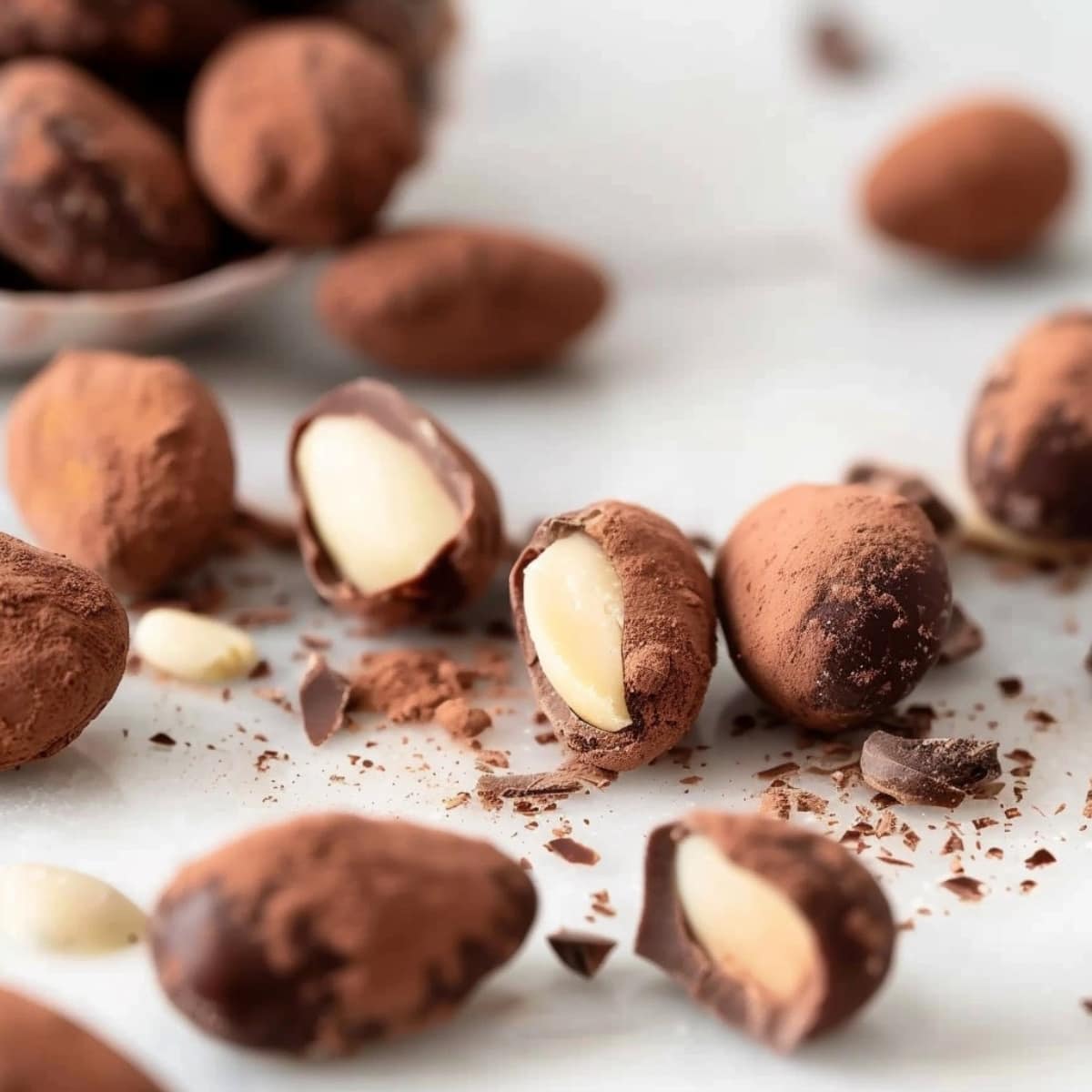 Chocolate almonds covered in cocoa powder scattered on a table.