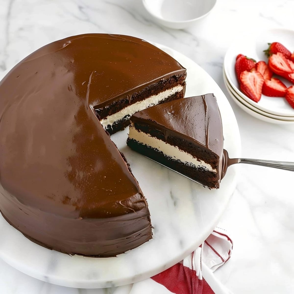 A chocolate cake with a slice taken out of it, fresh strawberries on the side