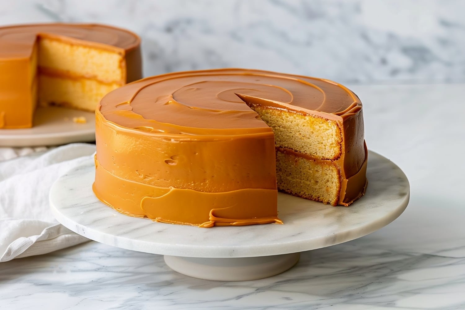 A classic round yellow southern caramel cake with glossy frosting, placed on an elegant white marble stand against a clean backdrop