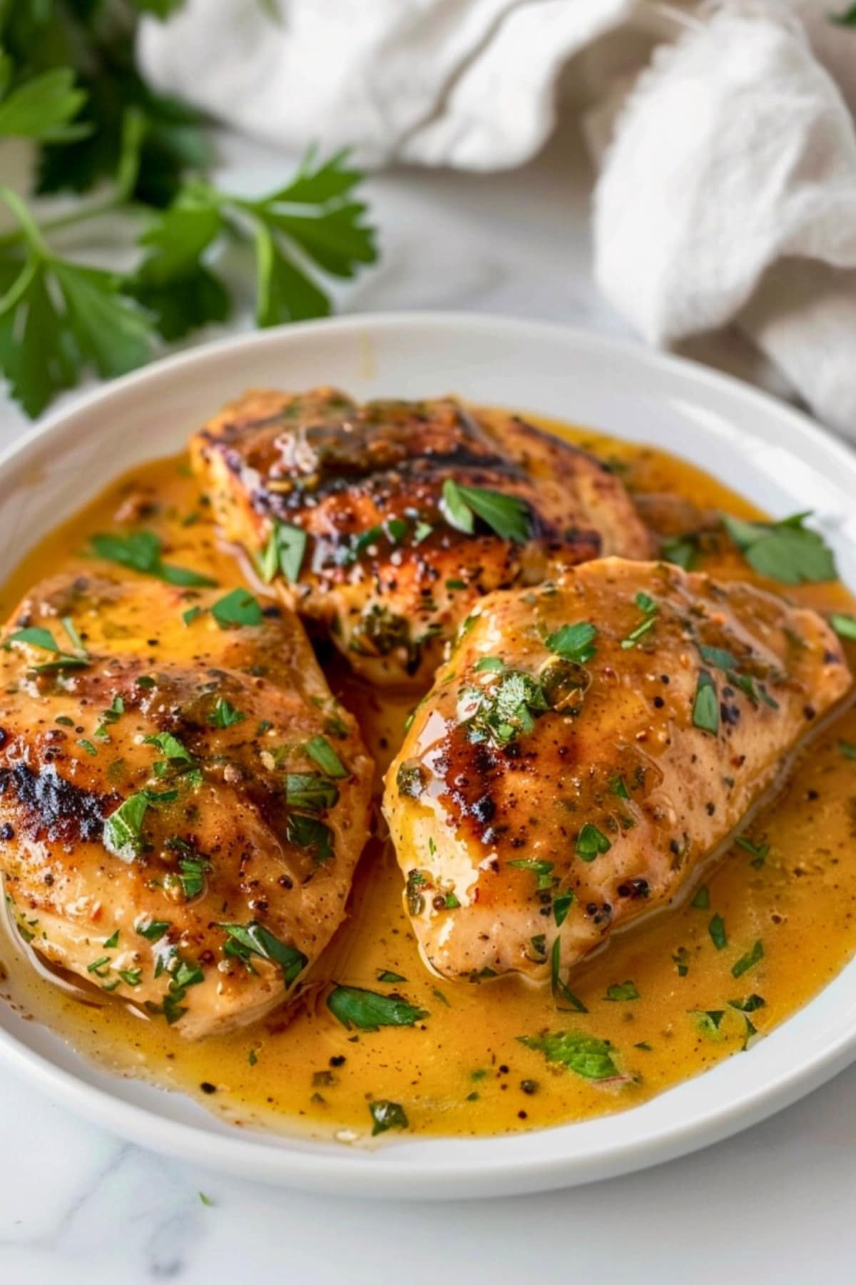 Chicken breast served with honey mustard sauce in a white plate garnished with chopped parsley  leaves.