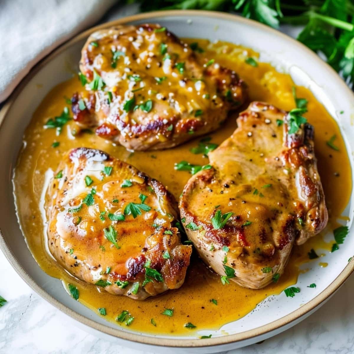 Honey mustard pork chops in plate garnished with chopped parsley leaves.