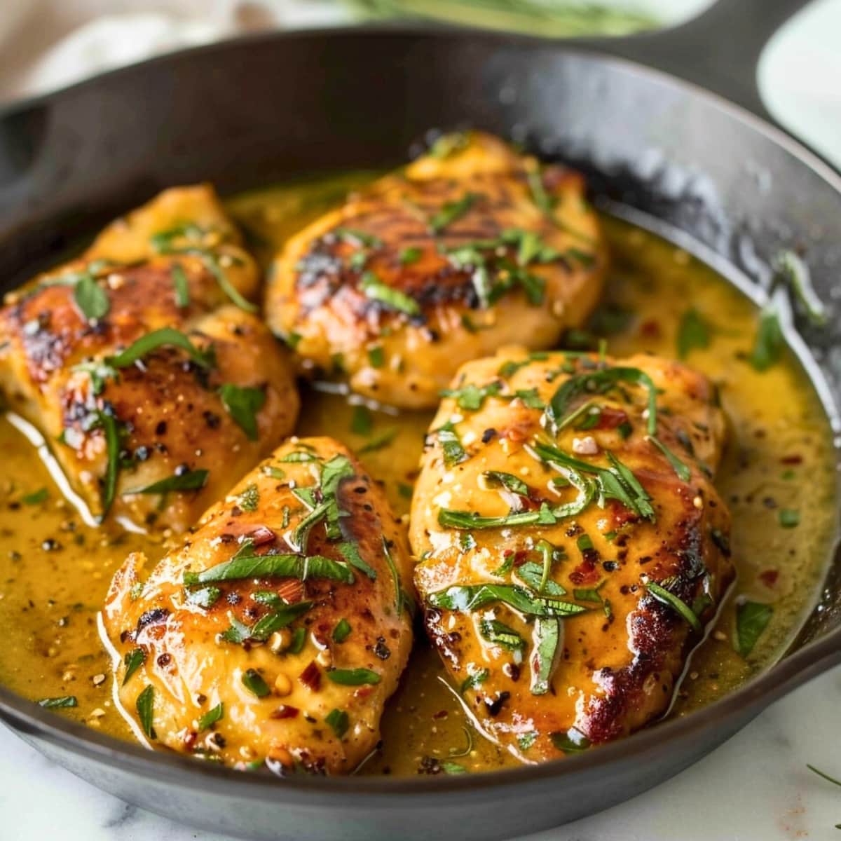 Chicken breast with honey mustard sauce in skillet. 