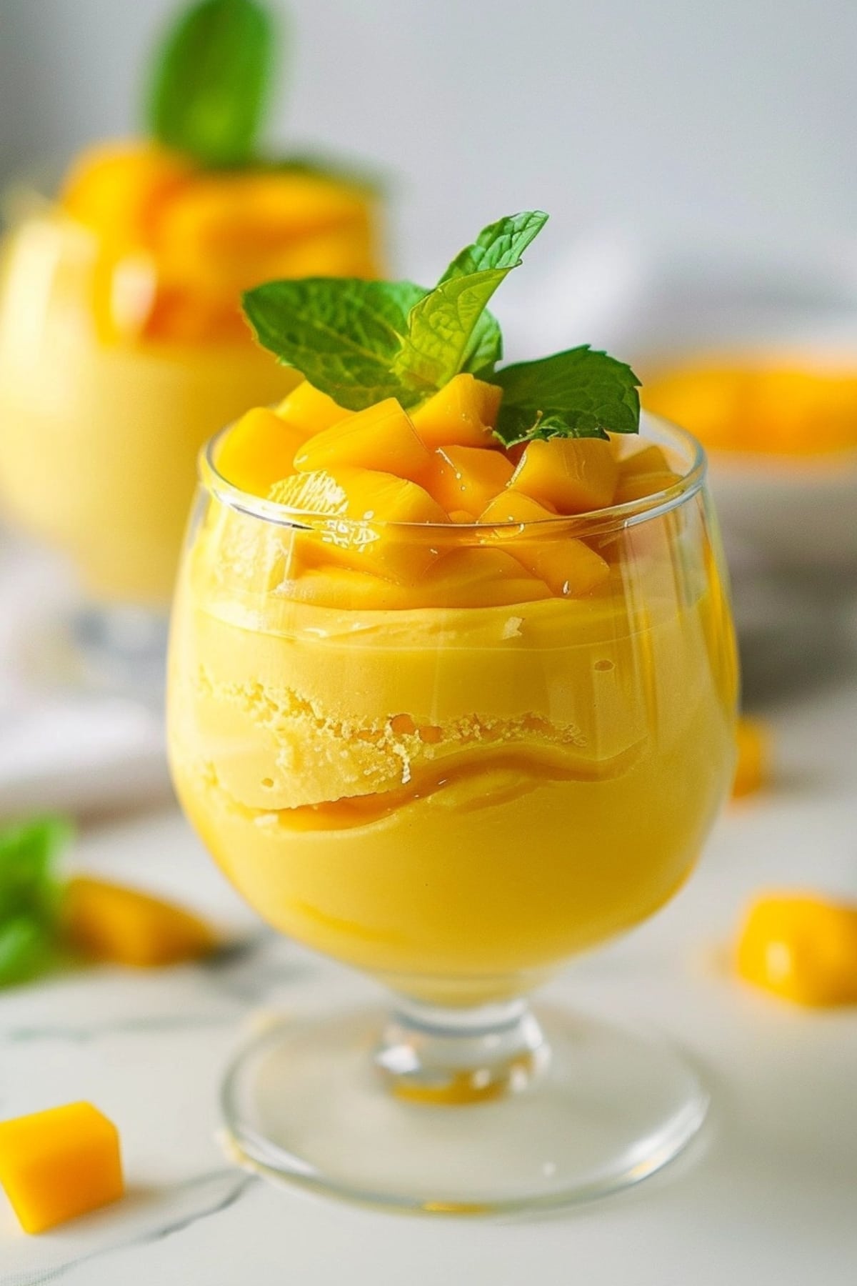 Mango mousse in a glass garnished with diced ripe mangoes and mint leaves.