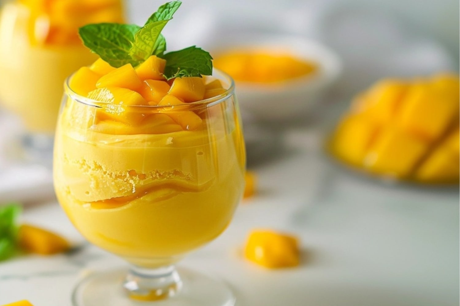 Mango mousse in a glass garnished with diced ripe mangoes and mint leaves.