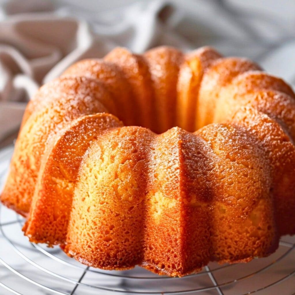 Million dollar pound cake on a cooling rack.