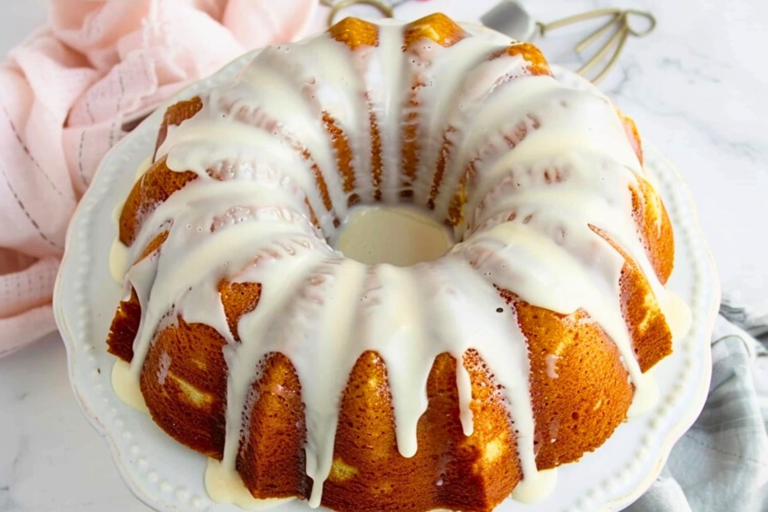 Million dollar pound cake with glaze on top.