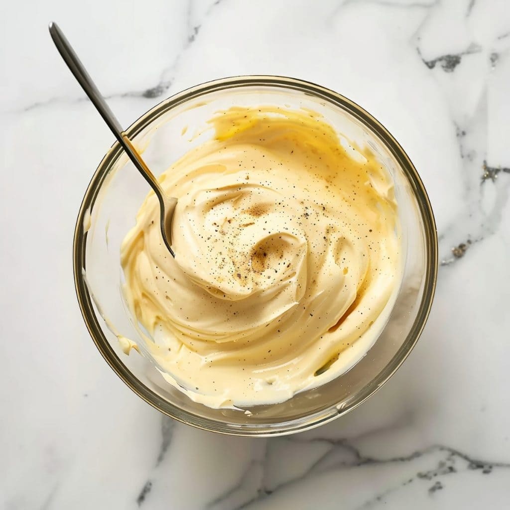 Overhead view of mixed dressing of yolks, mayonnaise and dijon mustard