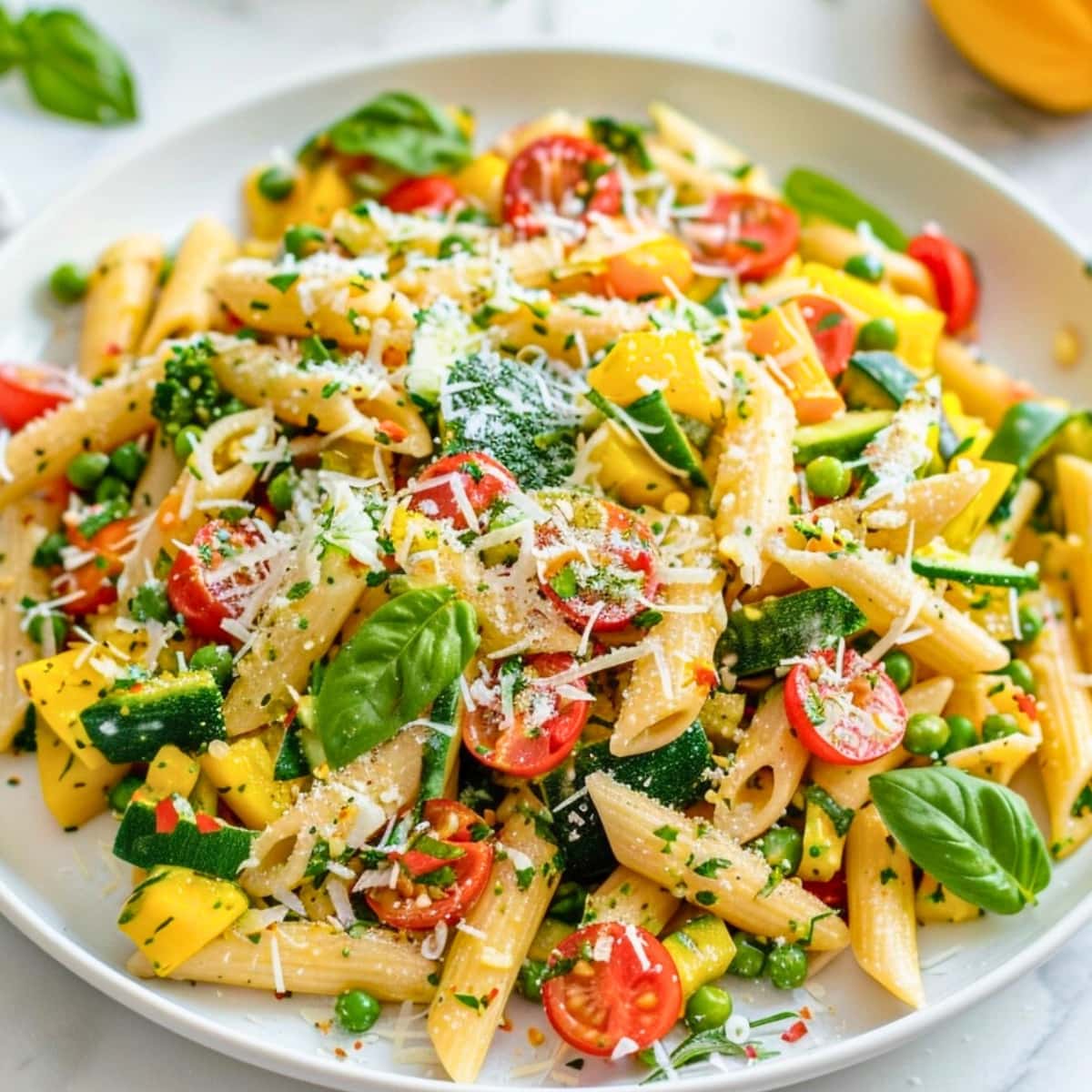 Pasta primavera served in a white plate garnished with parmesan cheese.