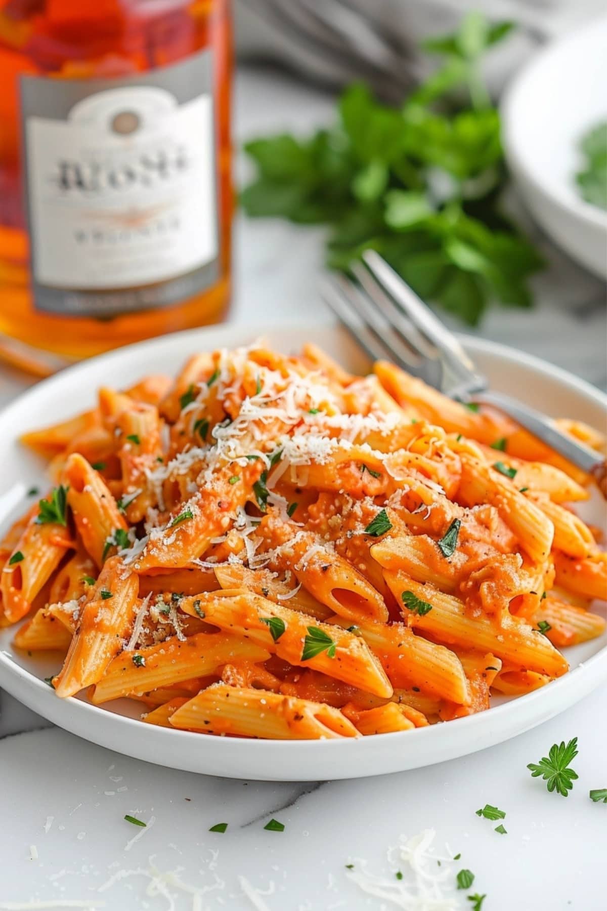 Pasta alla vodka garnished with parmesan cheese served on a white plate.